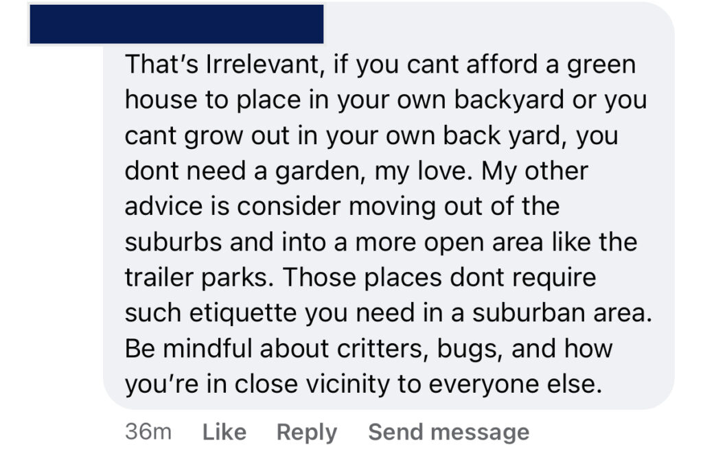 screenshot of a facebook comment about our garden